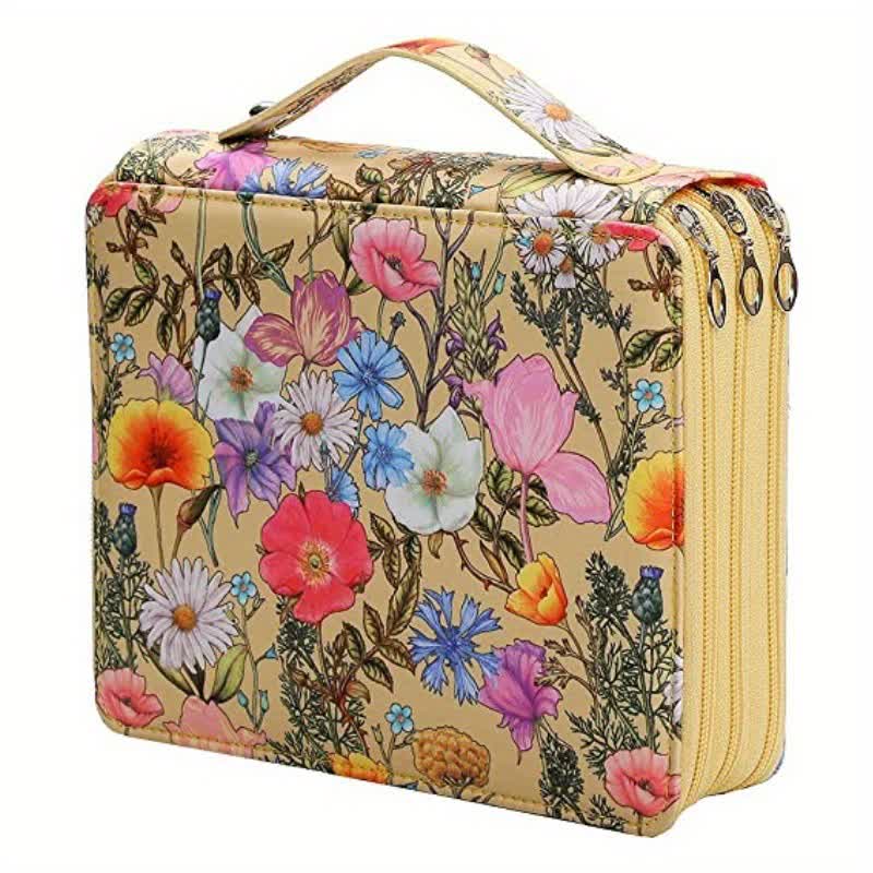 NNEDSZ Yellow Floral Design Portable Zippered Pencil Case - 3-Layer Large Capacity Organizer for Stationery & Art Supplies