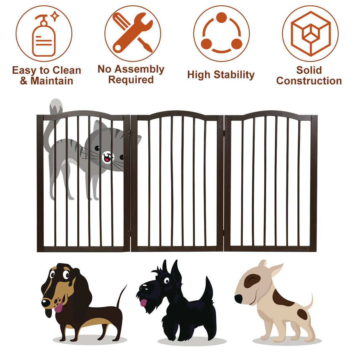 Foldable Portable Design Solid Construction Dog Supplies 3-Panel Wooden Freestanding Pet Gate W/ Arched Top Dog Fences PS7334